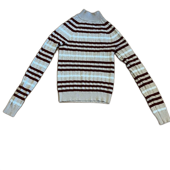 Hooked Up Striped Mock Neck Cable Knit Sweater Tan Burgundy Size Small - Picture 3 of 8